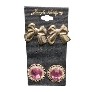 Jennifer Ashley Earring Set, Vintage Bow & Pink Gem